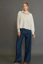 Sarah Express Women’s Collared Long Sleeve Top with Raw Hem and Exposed Seam