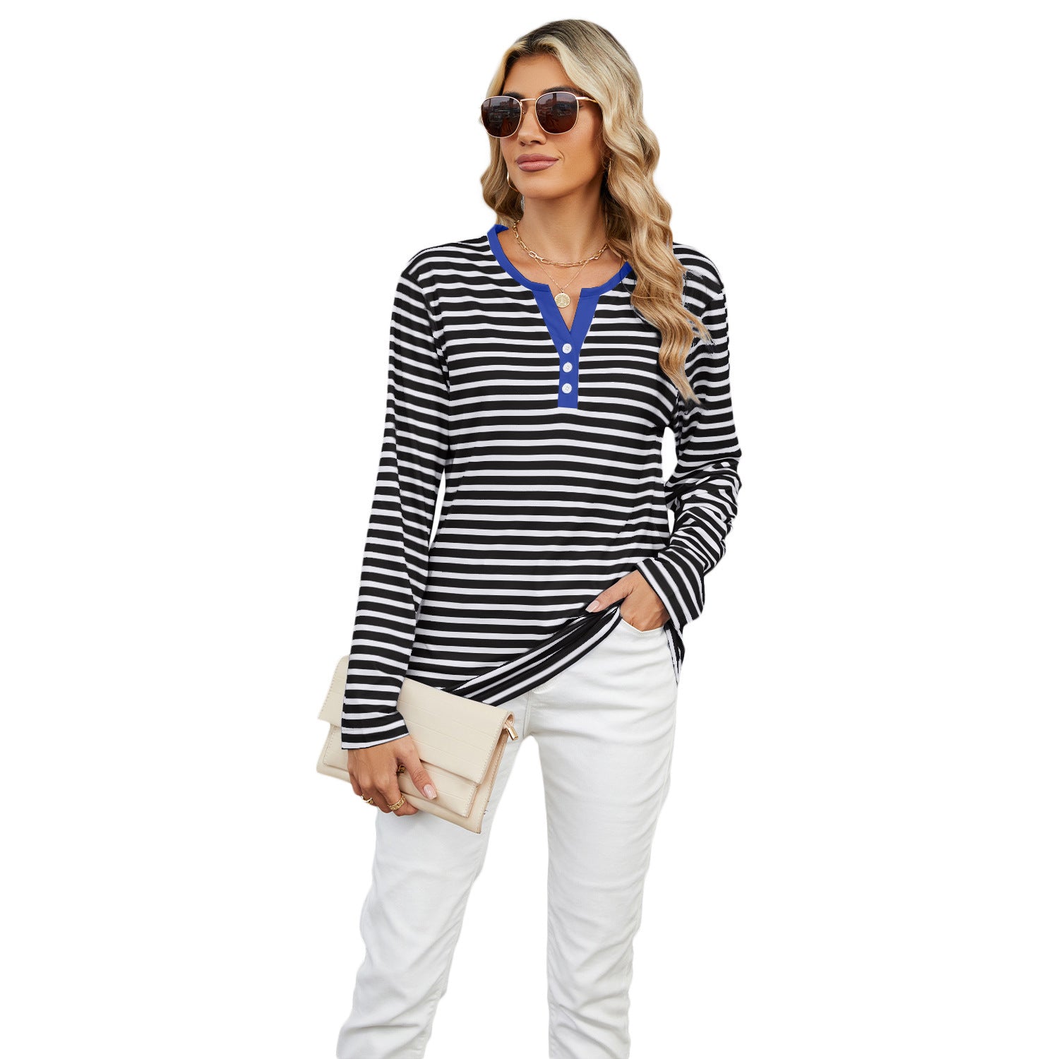 Women's V-Neck Striped Long Sleeve T-Shirt Loose Fit Casual Top