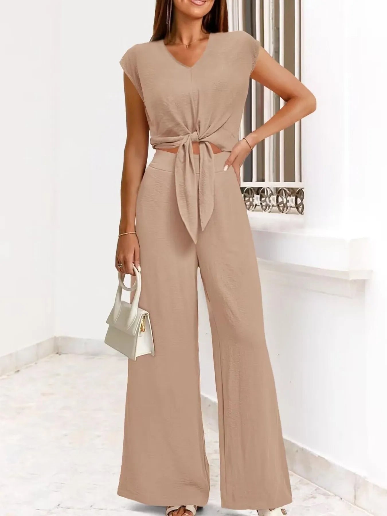 Sarah Express Women's Tie Front Top and Wide Leg Pants Set Khaki