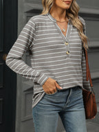 Sarah Express Women's Striped Henley T-Shirt with Button Detail