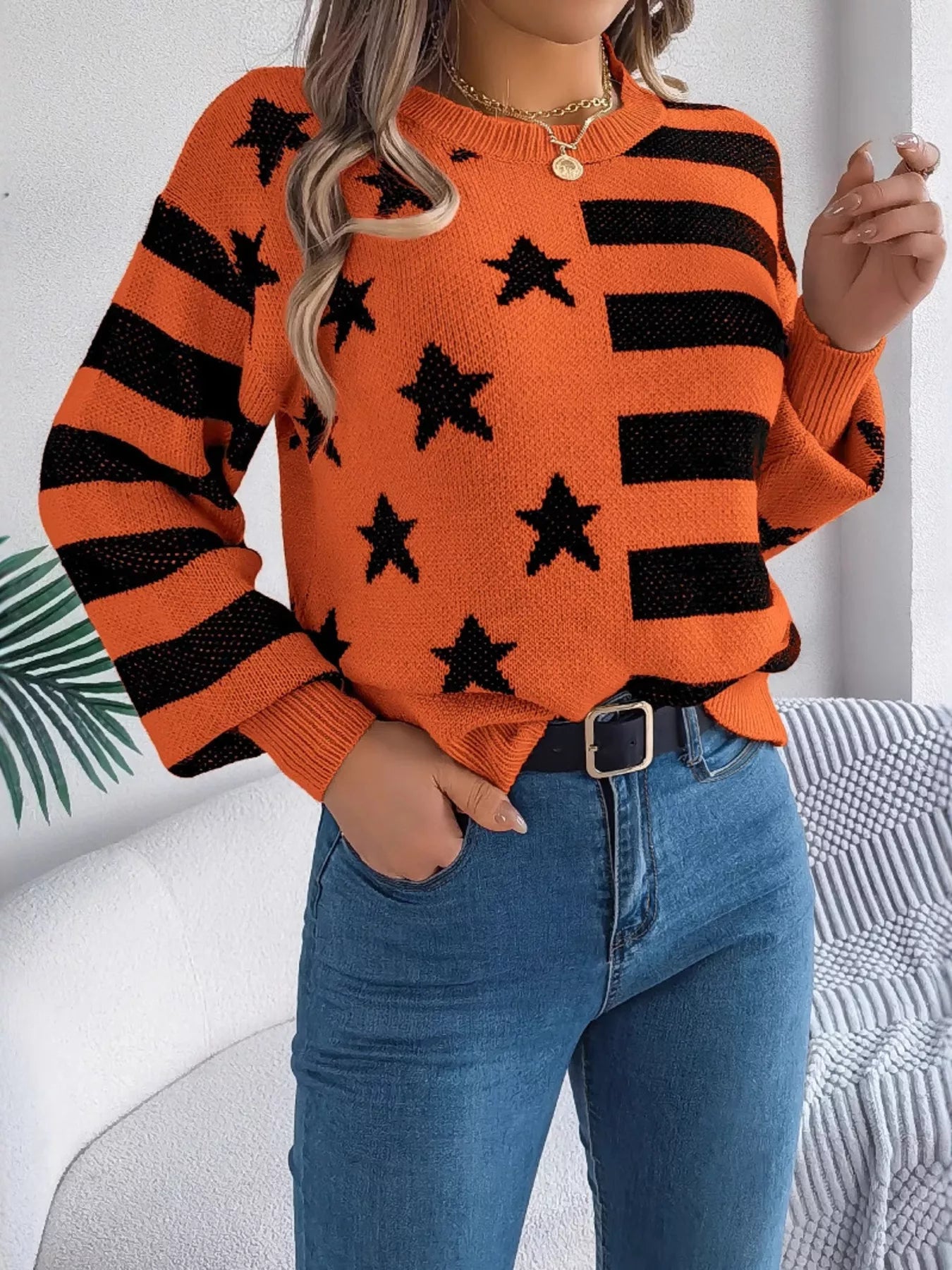 Sarah Express Women's Stars and Stripes Pattern Casual Round Neck Sweater Orange