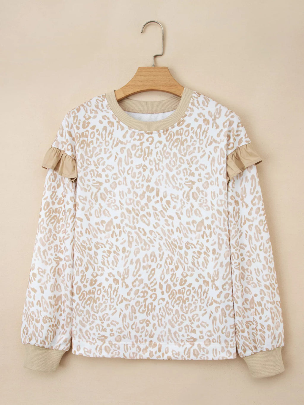 Sarah Express Women's Leopard Ruffle Detail Ribbed Trim Round Neck Sweatshirt