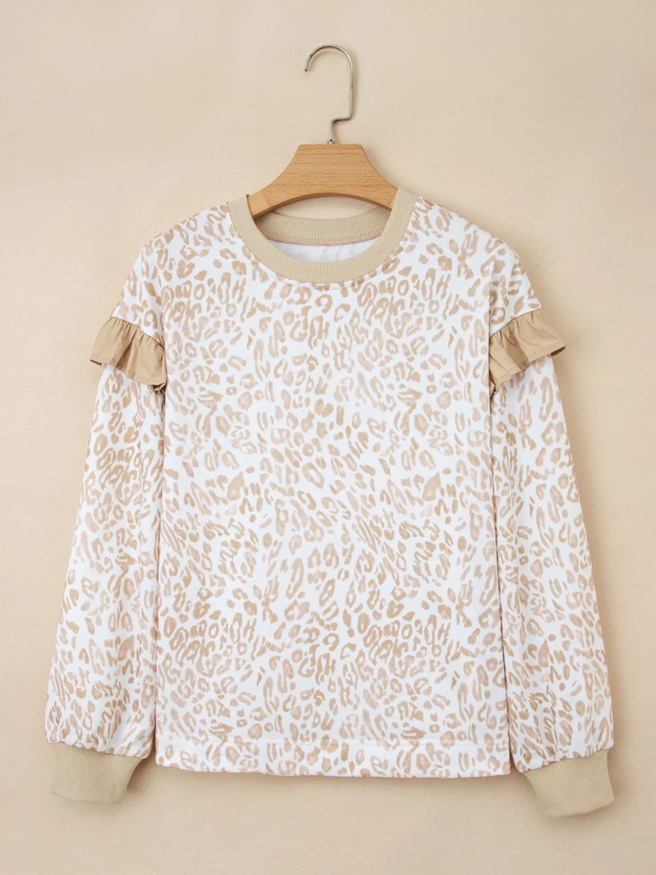 Sarah Express Women's Leopard Ruffle Detail Ribbed Trim Round Neck Sweatshirt