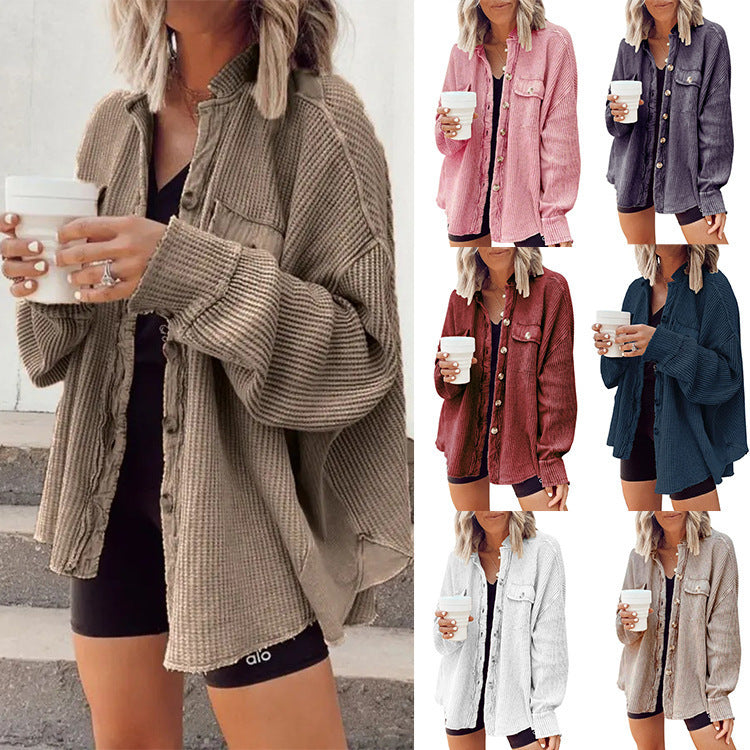 Patchwork Irregular Shirt Jacket Loose Fit Long Sleeve Acrylic Outerwear