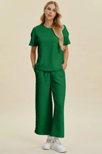 Sarah Express Women's Textured Round Neck Short Sleeve Top and Pants Set Dark Green