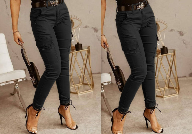 Women's Low Waist Cotton Blend Cargo Overalls Loose Fit Button Detail Trousers