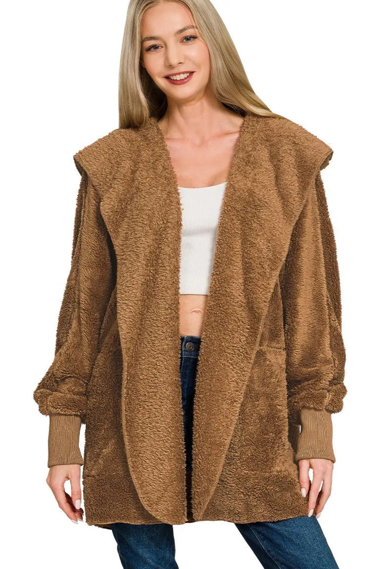  Hooded Faux Fur Jacket with Pockets
