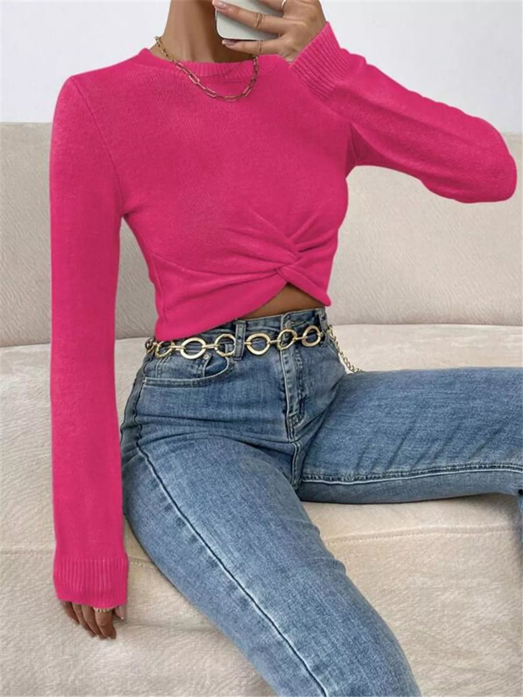 Sarah Express Women's Twisted Front Cropped Knit Top