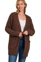 Sarah Express Women’s Brown Boucle Knit Cardigan with Pockets Casual