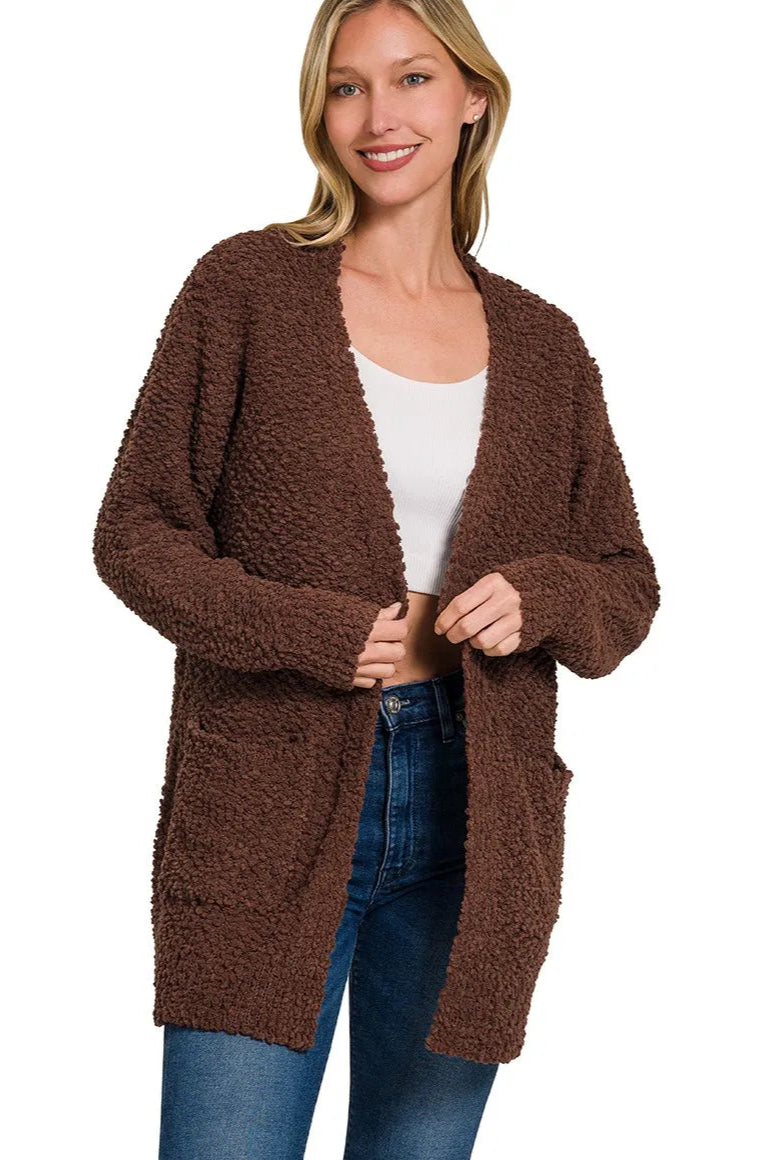 Sarah Express Women’s Brown Boucle Knit Cardigan with Pockets Casual