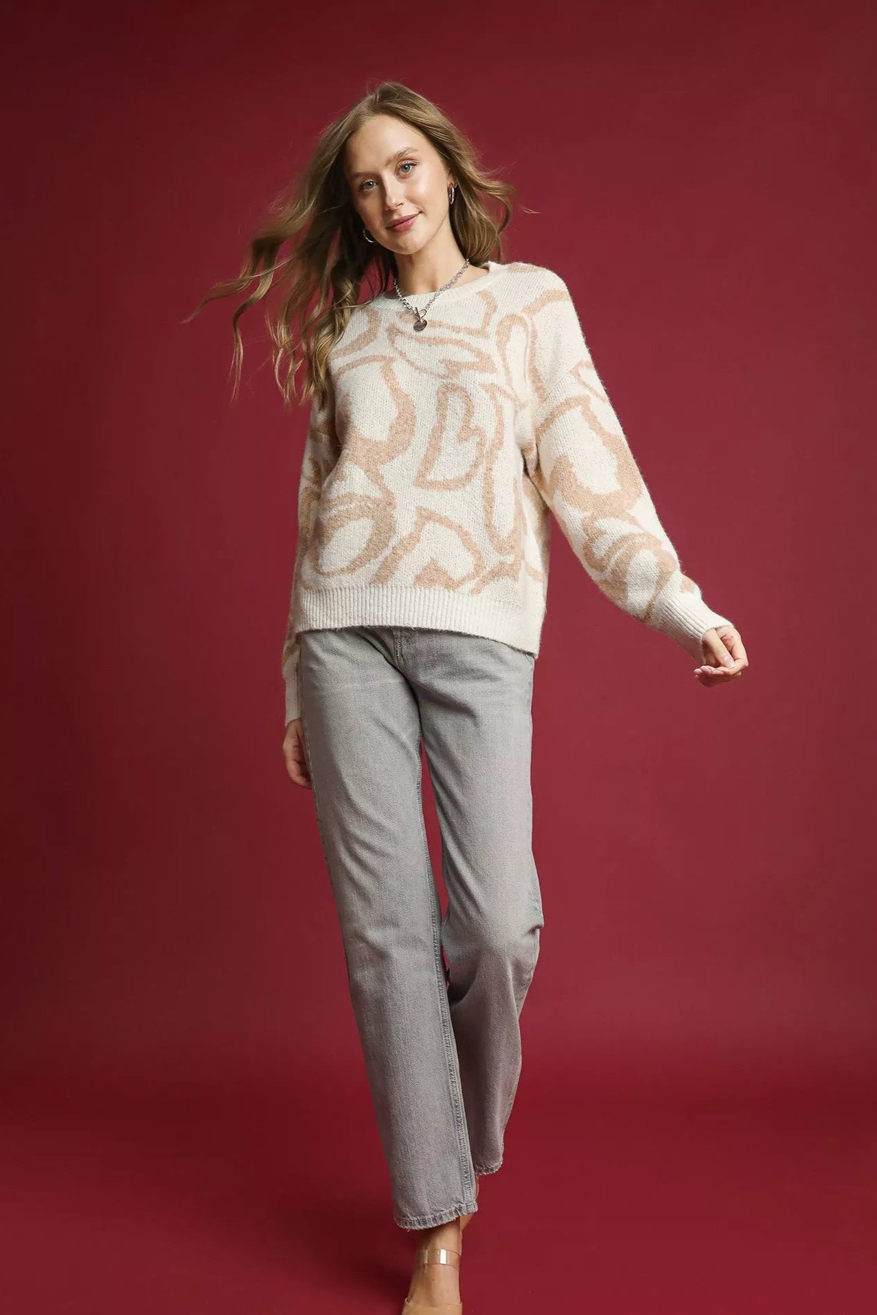 Sarah Express Women’s Oversized Heart Print Crew Neck Sweater