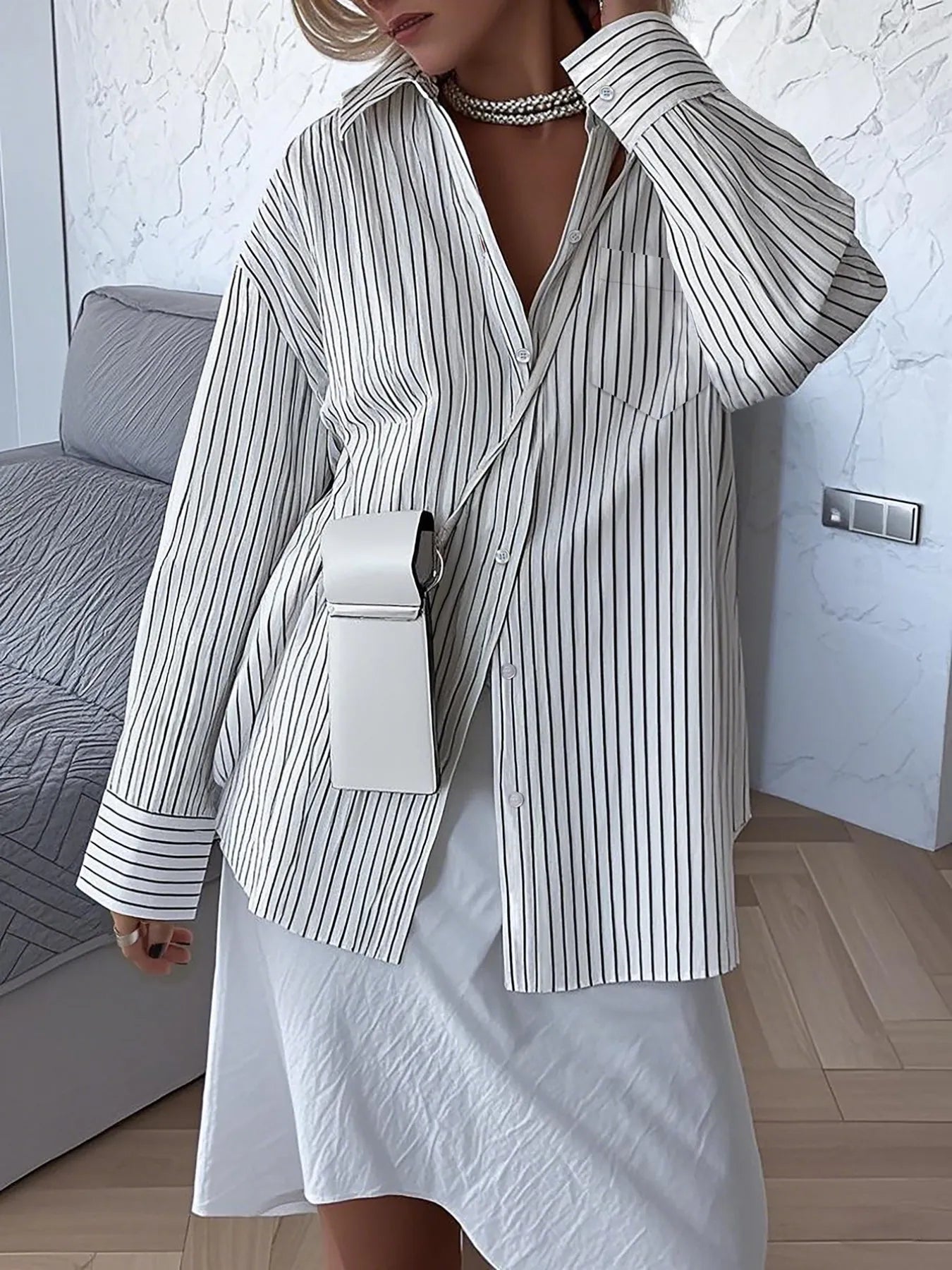 Sarah Express Women's Oversized Striped Button-Down Shirt