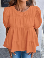 Sarah Express Women's Round Neck Puff Sleeve Tiered Blouse