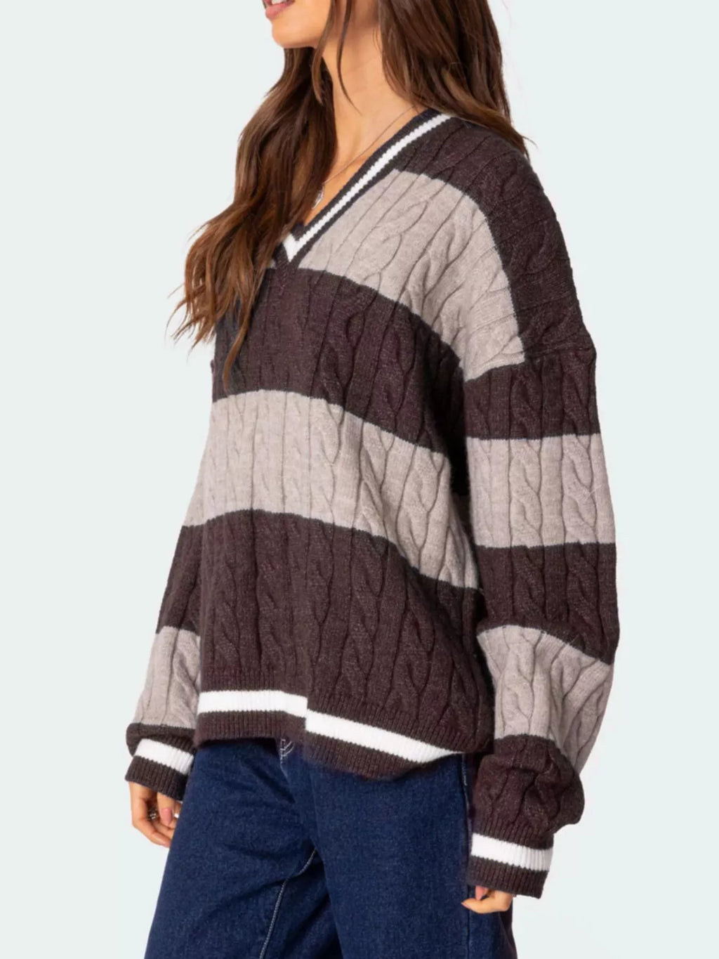 Sarah Express Women's Striped Cable Knit V-Neck Sweater - Oversized Fit