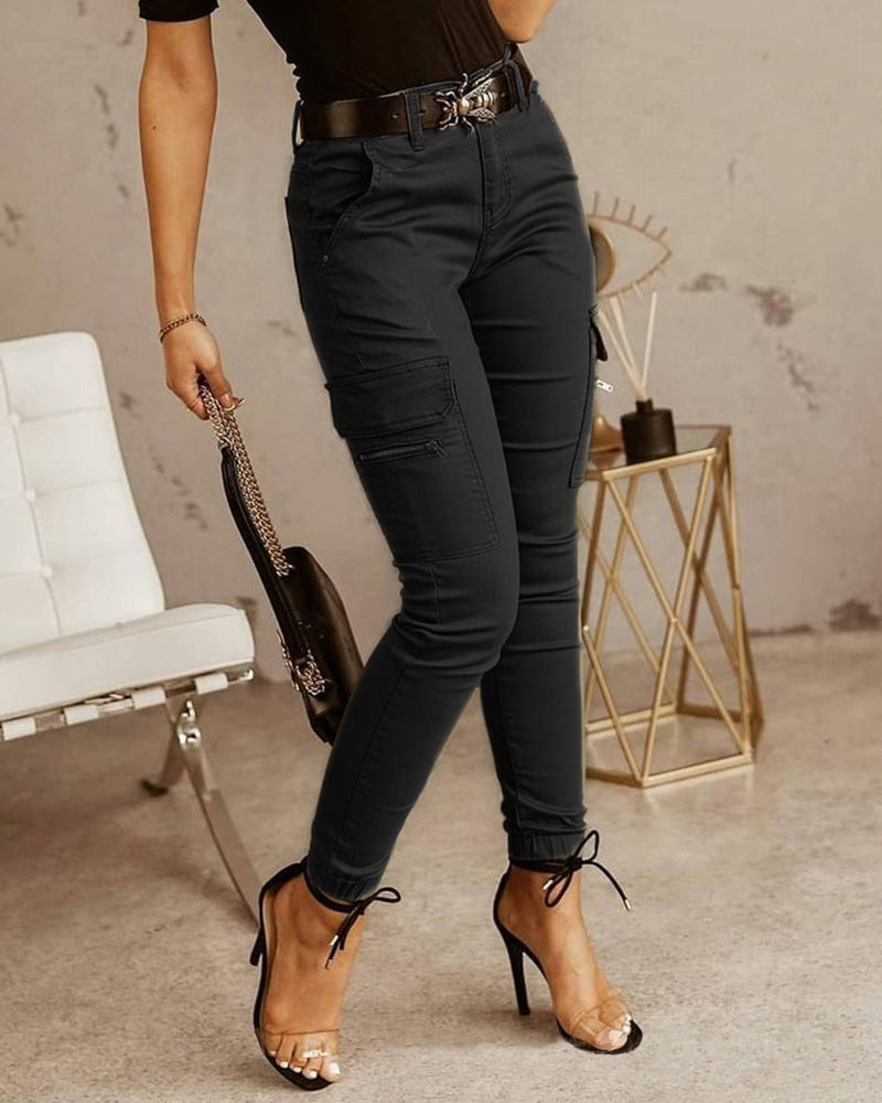 Women's Low Waist Cotton Blend Cargo Overalls Loose Fit Button Detail Trousers