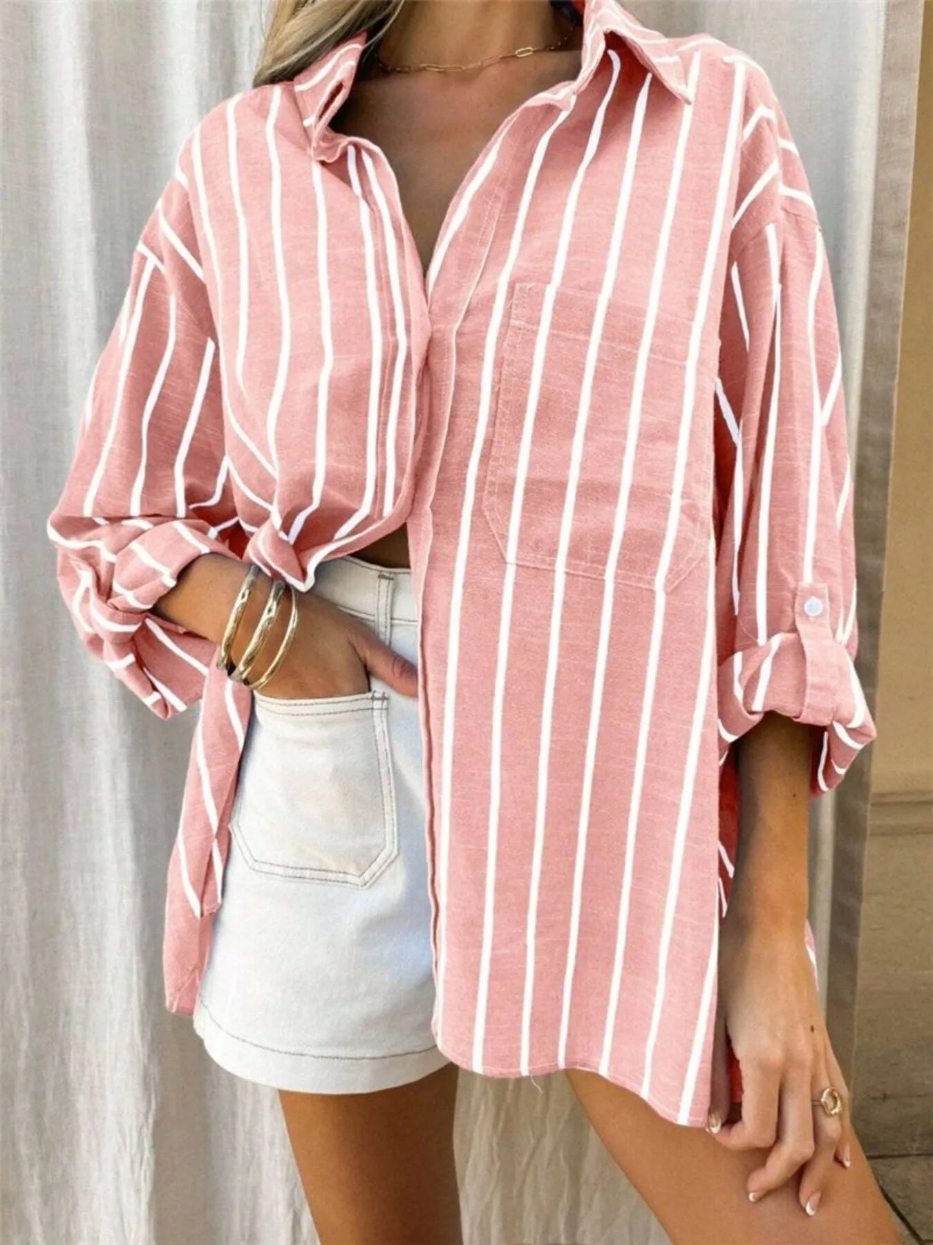 Sarah Express Women's Striped Button-Up Shirt with Chest Pocket