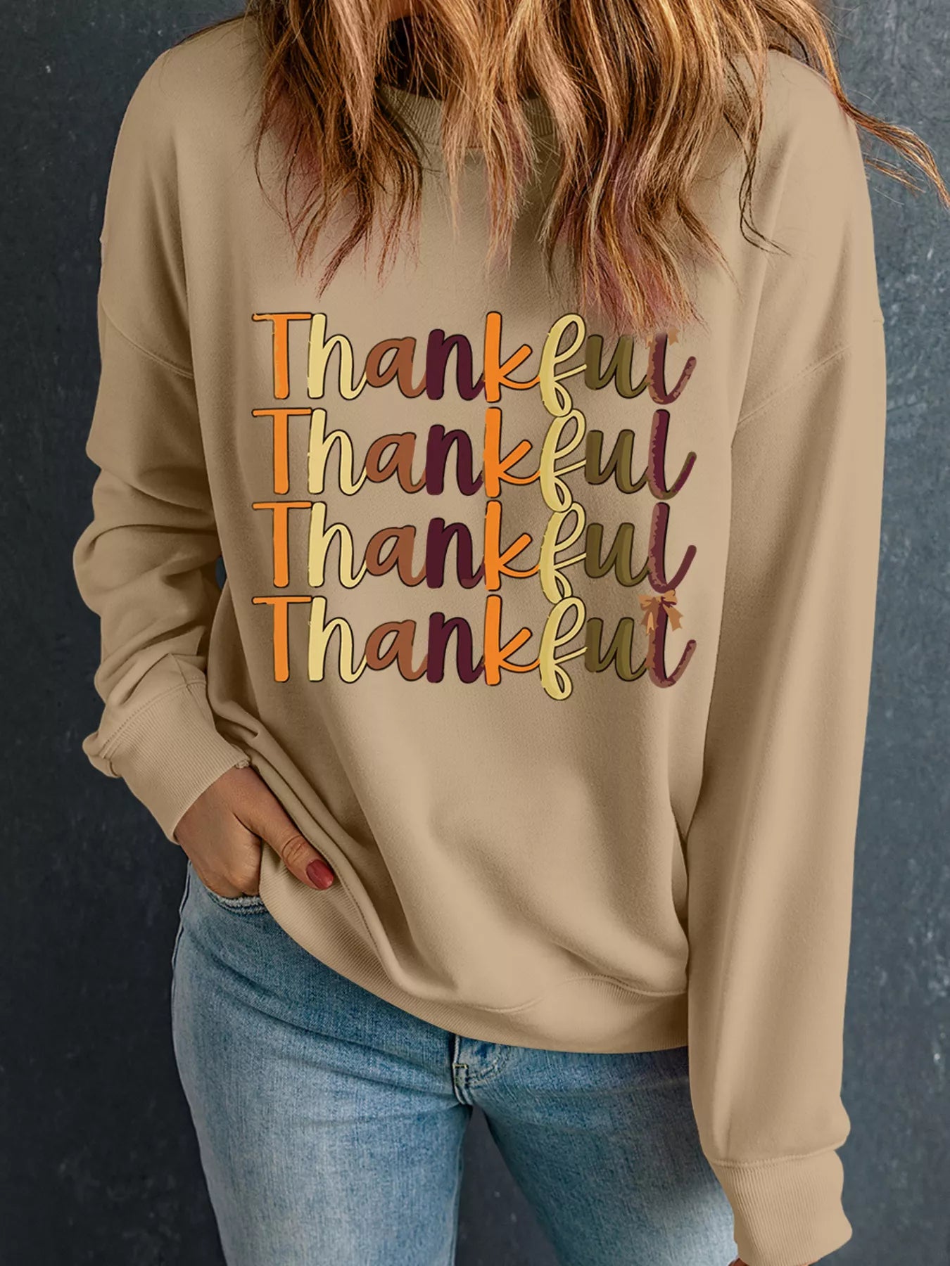 Sarah Express Women's Thankful Repeated Print Drop Shoulder Sweatshirt