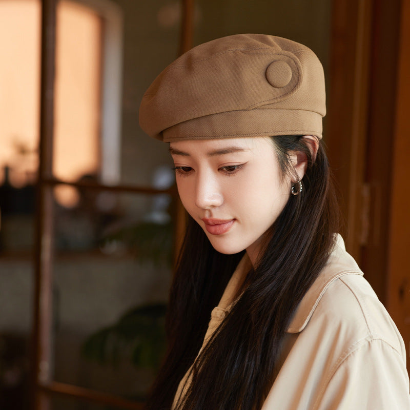 Button Detail Dome Crown Beret Hat Cotton Blend Classic Fall Winter Accessory