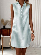 Women's Striped Sleeveless V-Neck Button Front Midi Shirt Dress