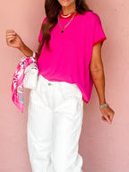 Sarah Express Women's Contrast Trim Round Neck Short Sleeve Sweater