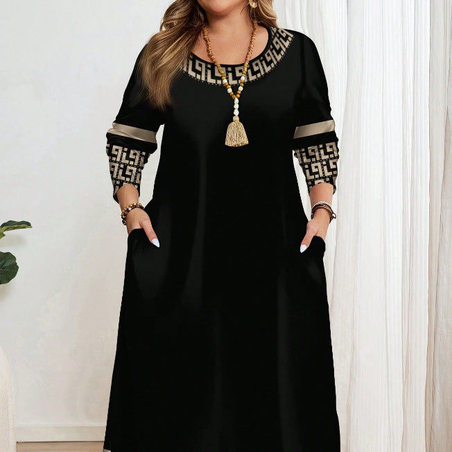 Women's Contrast Color Midi Dress Round Neck Short Sleeve Casual