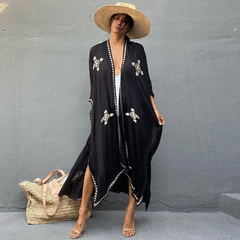 Women's Rayon Embroidered Beach Cover Up Cardigan Sun Protection Swimwear