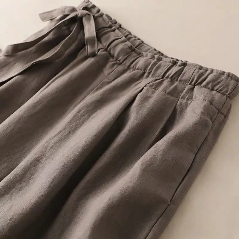 High Waist Lace-Up Cropped Pants Women's Elastic Waist Retro Cotton Casual Bottoms