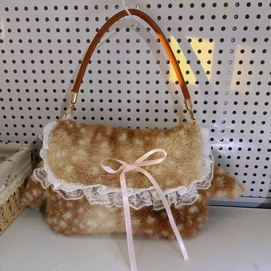 Sarah Express Women's Plush Bow-Tie Tote Underarm Bag – Fluffy Fawn Crossbody Handbag