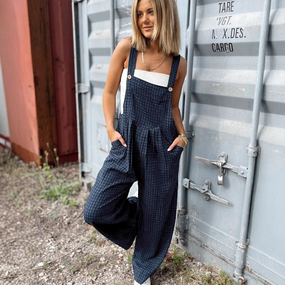 Women's High Waist Straight Leg Jumpsuit Sleeveless Casual Dark Blue
