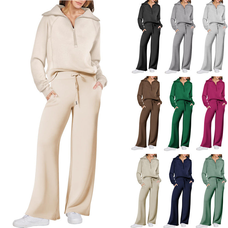 Women's Long Sleeve Zipper Sweatshirt and Wide-Leg Pants Athleisure Set
