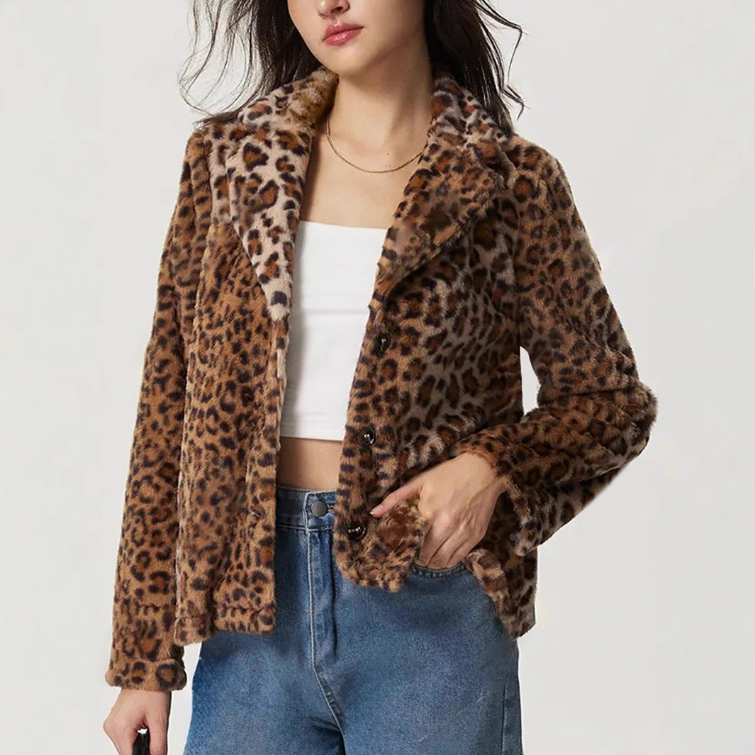 Women's Leopard Print Buckle Lapel Thickening Coat