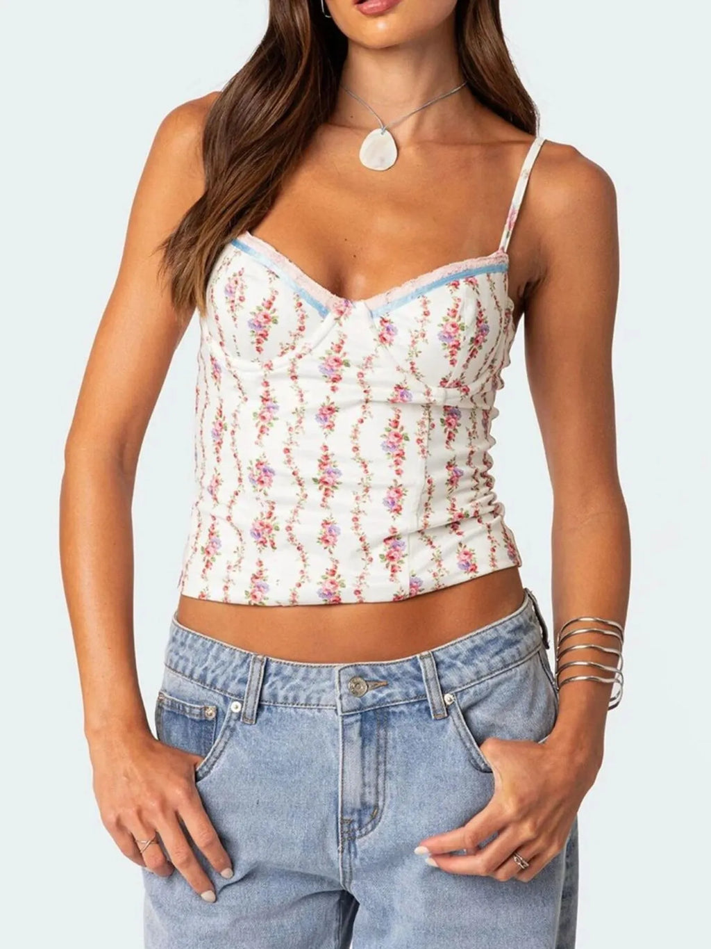 Sarah Express Women's Floral Print Sweetheart Neck Cami White