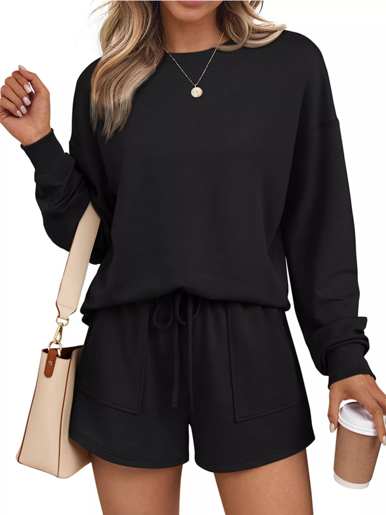 Sarah Express Women's Round Neck Long Sleeve Top and Shorts Set - Two Piece Loungewear Black