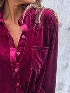 Sarah Express Women's Velvet Button-Up Long Sleeve Shirt Plus Size