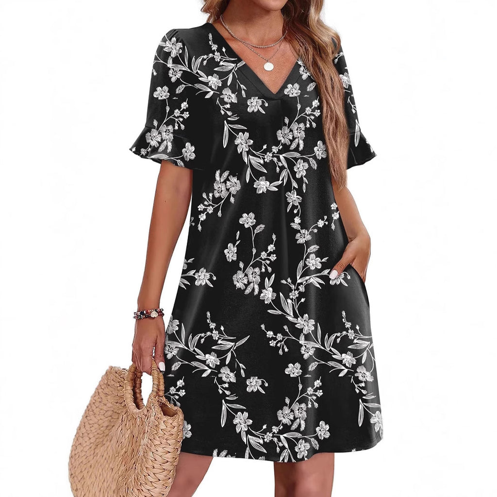 Women's V-Neck Ruffled A-Line Dress with Pockets Vacation Casual Short Sleeve
