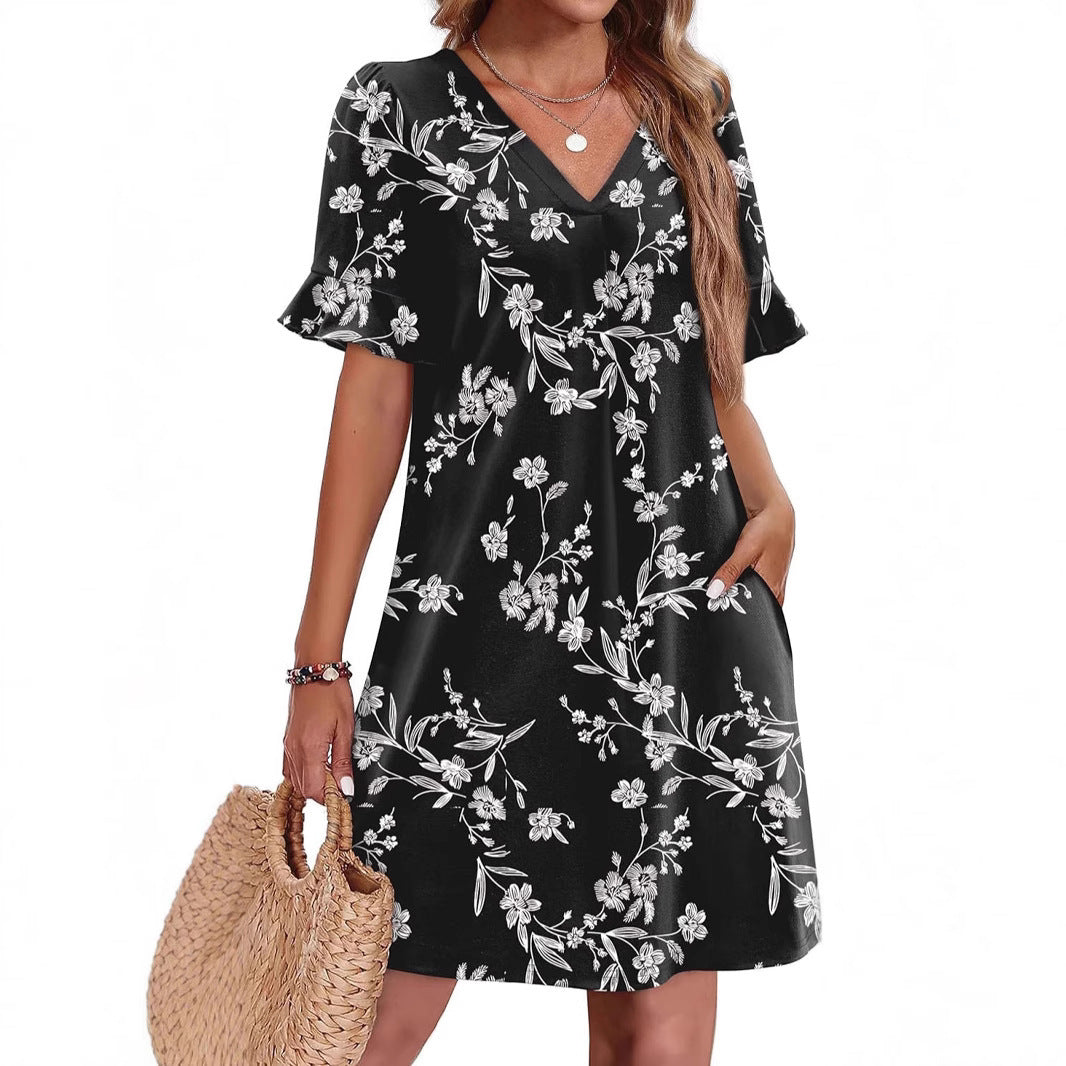 Women's V-Neck Ruffled A-Line Dress with Pockets Vacation Casual Short Sleeve