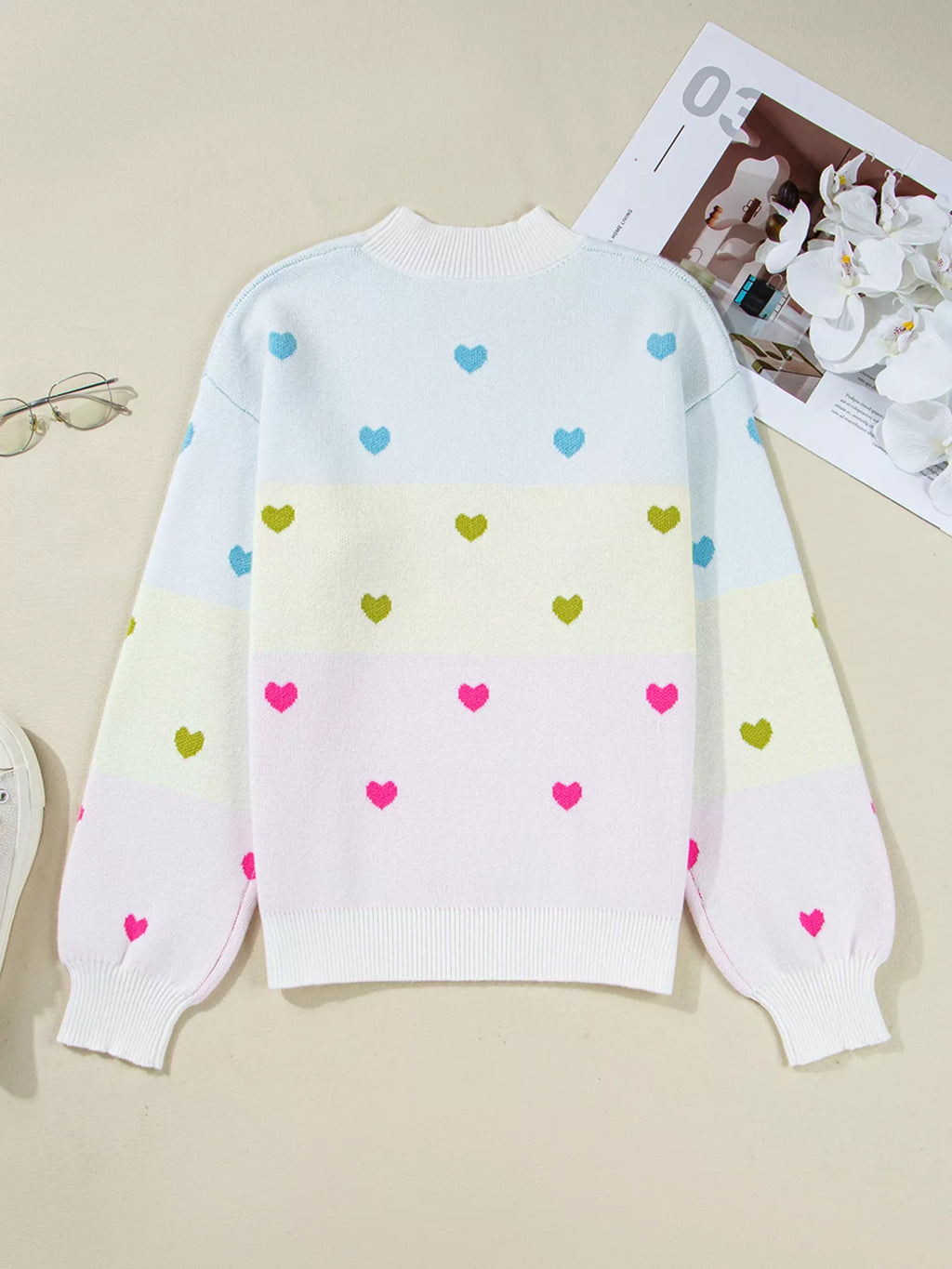 Sarah Express Women's Multicolour Heart Pattern Dropped Shoulder Sweater