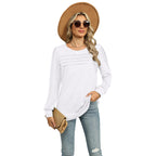Solid Color U-Neck Pleated Long Sleeve Top for Women