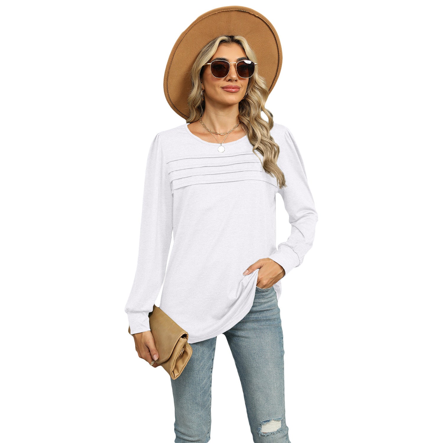 Solid Color U-Neck Pleated Long Sleeve Top for Women