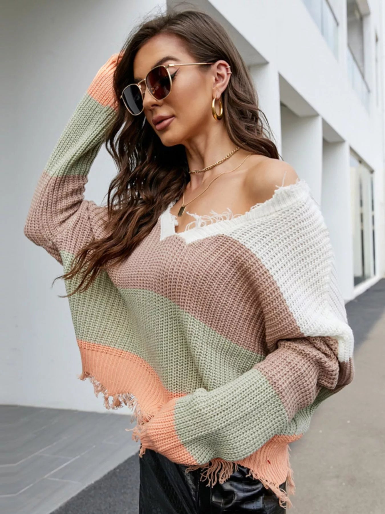 Sarah Express Women's Frayed Hem Long Sleeve Sweater Watermelon pink