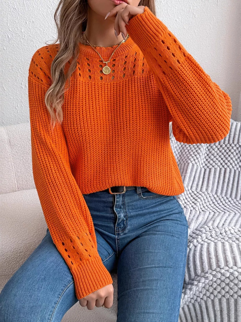 Sarah Express Women's Openwork Round Neck Long Sleeve Sweater