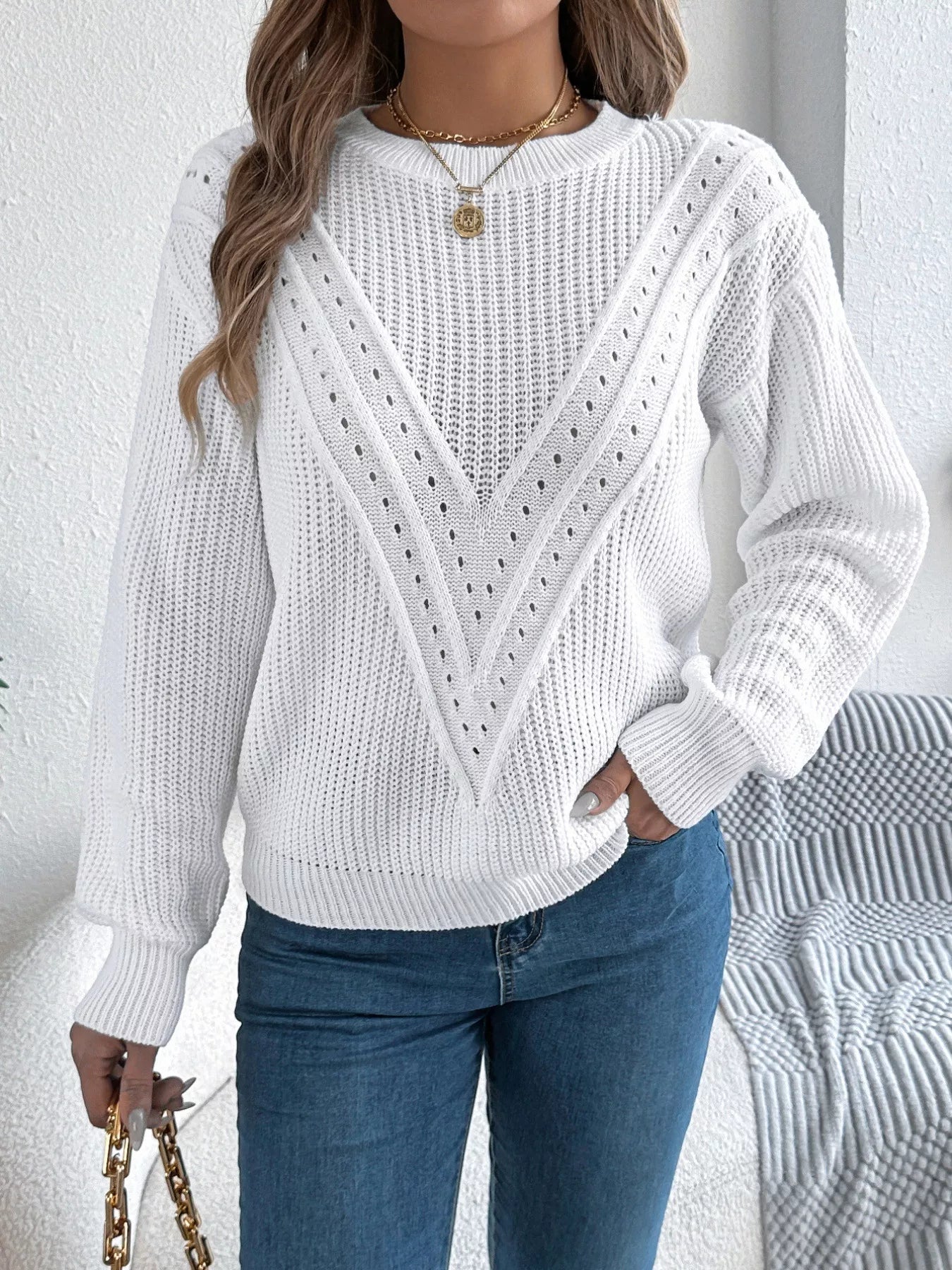 Sarah Express Women's Openwork Round Neck Sweater