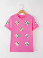 Sarah Express Women's Sequined Candy Swirl Christmas Short Sleeve T-Shirt