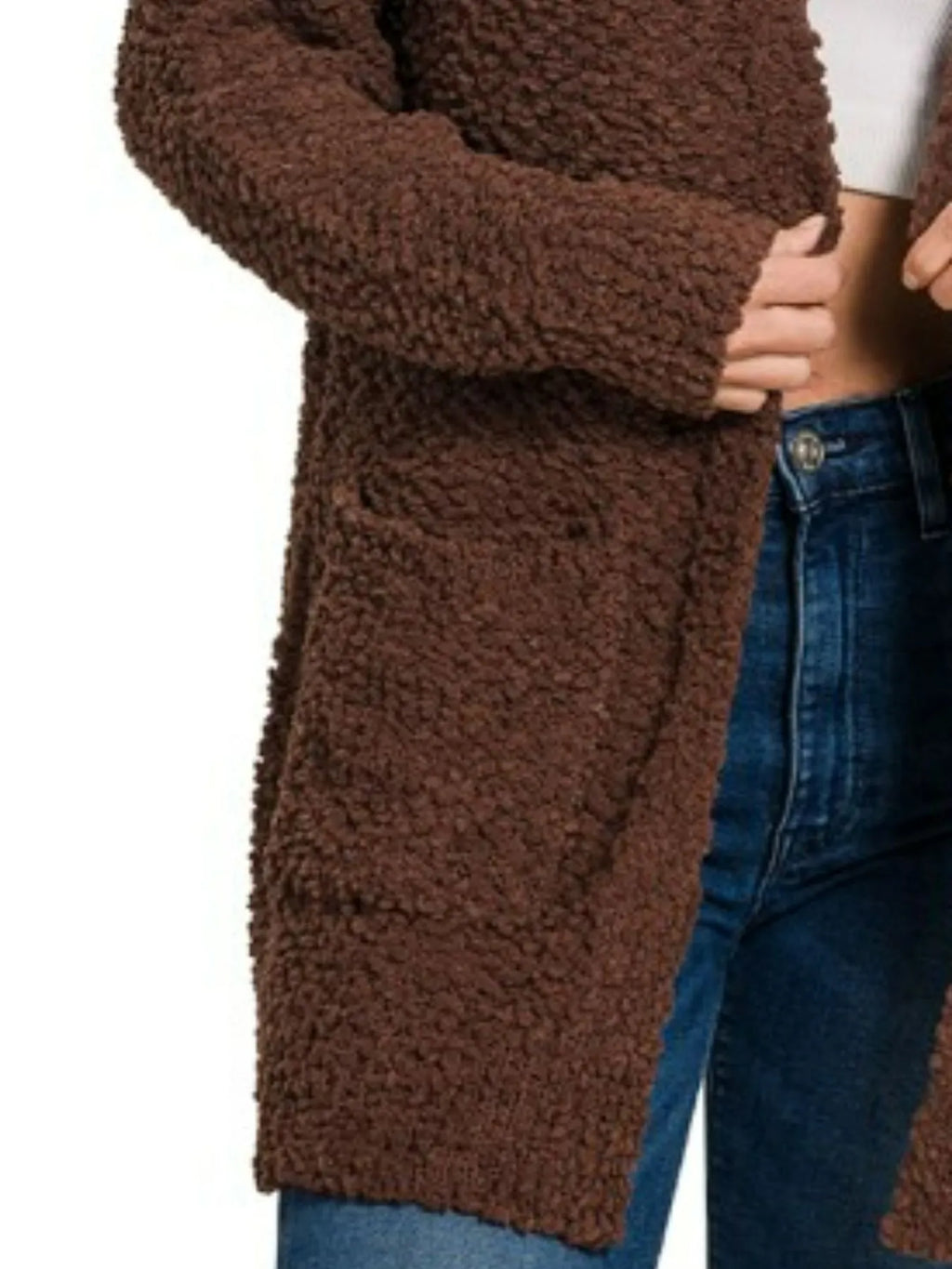Sarah Express Women’s Brown Boucle Knit Cardigan with Pockets Casual