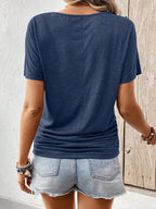 Women's V-Neck Ruched T-Shirt - Solid Color Short Sleeve Casual Knit Top