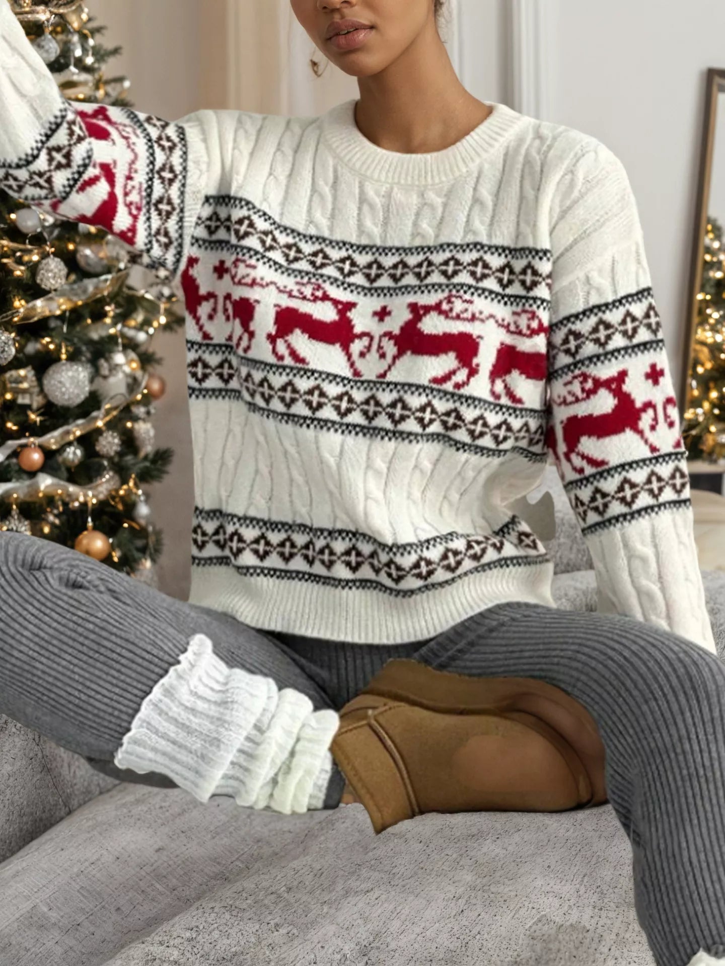 Sarah Express Women's Reindeer Pattern Cable Knit Sweater