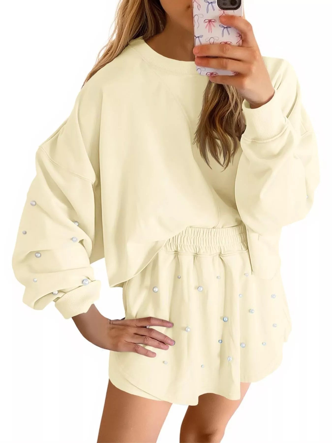 Sarah Express Women's Pearl Embellished Round Neck Top and Skort Set Apricot