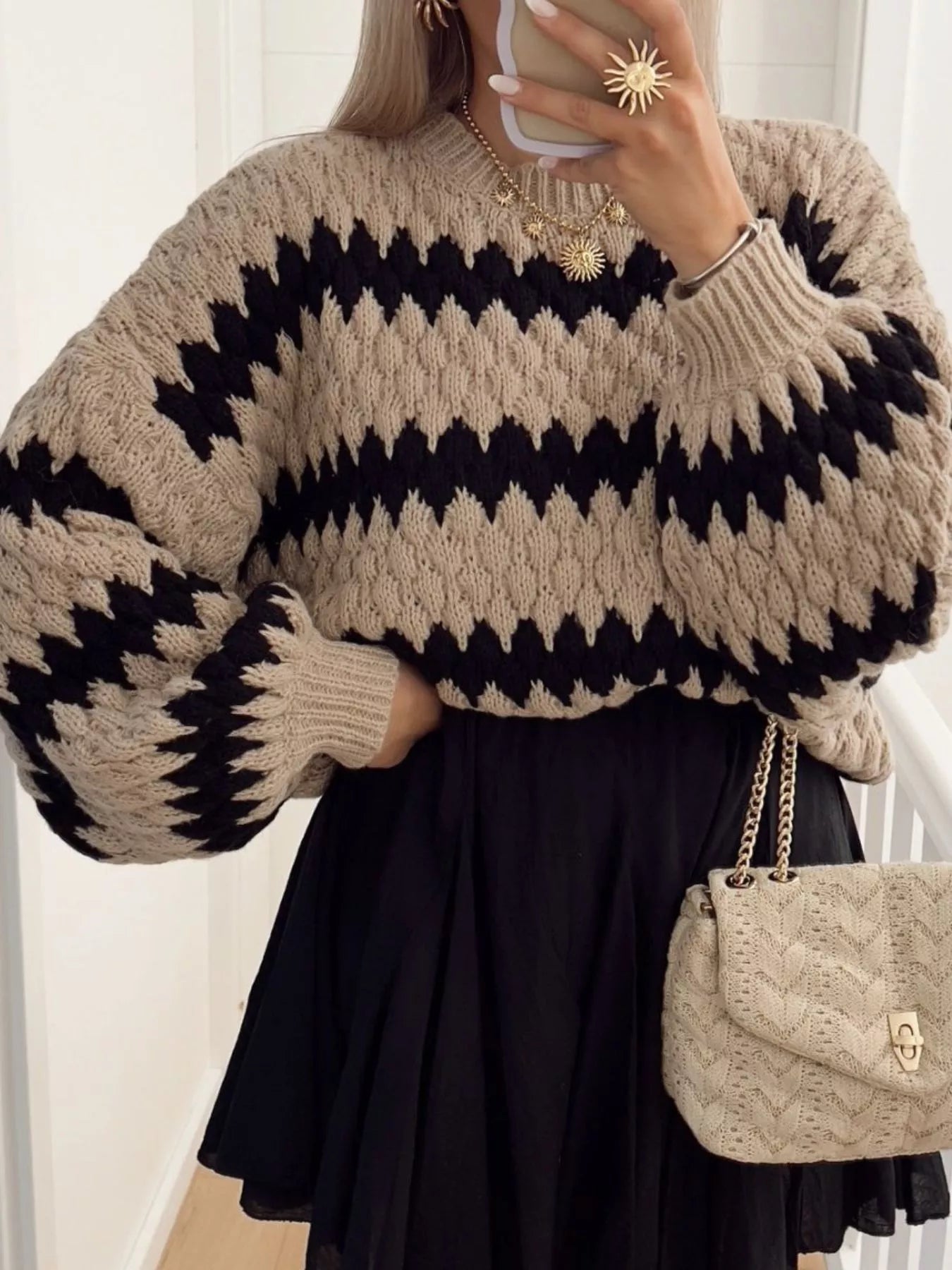 Sarah Express Women's Striped Round Neck Dropped Shoulder Sweater Khaki