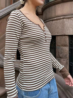 Sarah Express Women's Striped Long Sleeve Henley T-Shirt