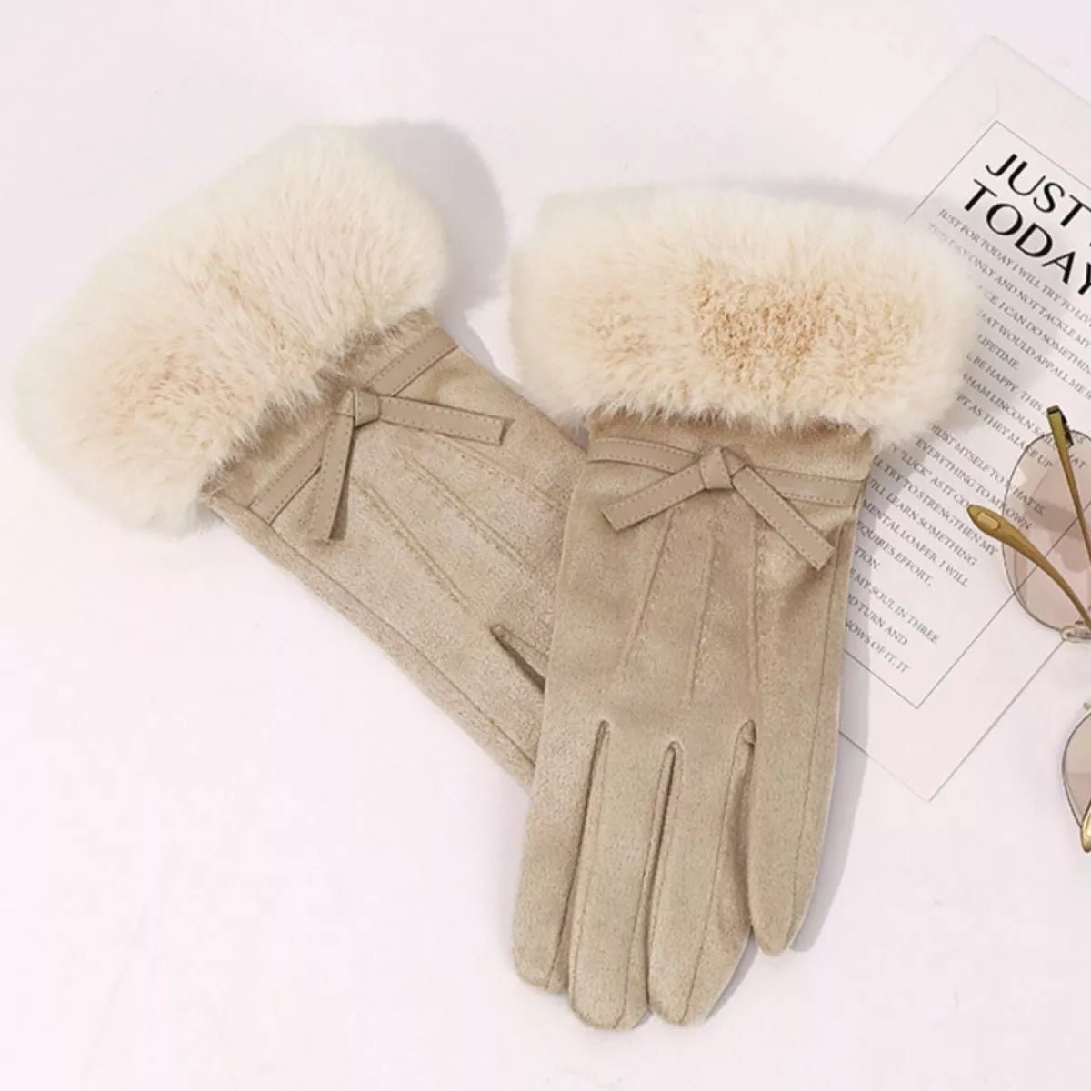 Trendsi Faux Fur Cuff Suede Gloves Beige One Size